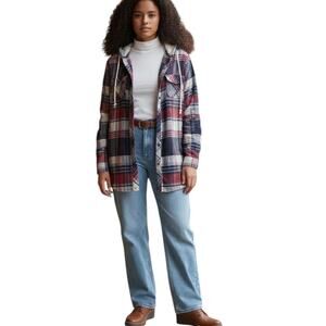 Adam Levine Women's Flannel Button Up Hoodie Top Black White Gray Cranberry Sz L